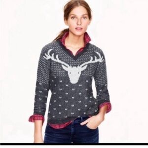 J.Crew 100% Wool Reindeer Sweater Gray White V Neck Nordic Small